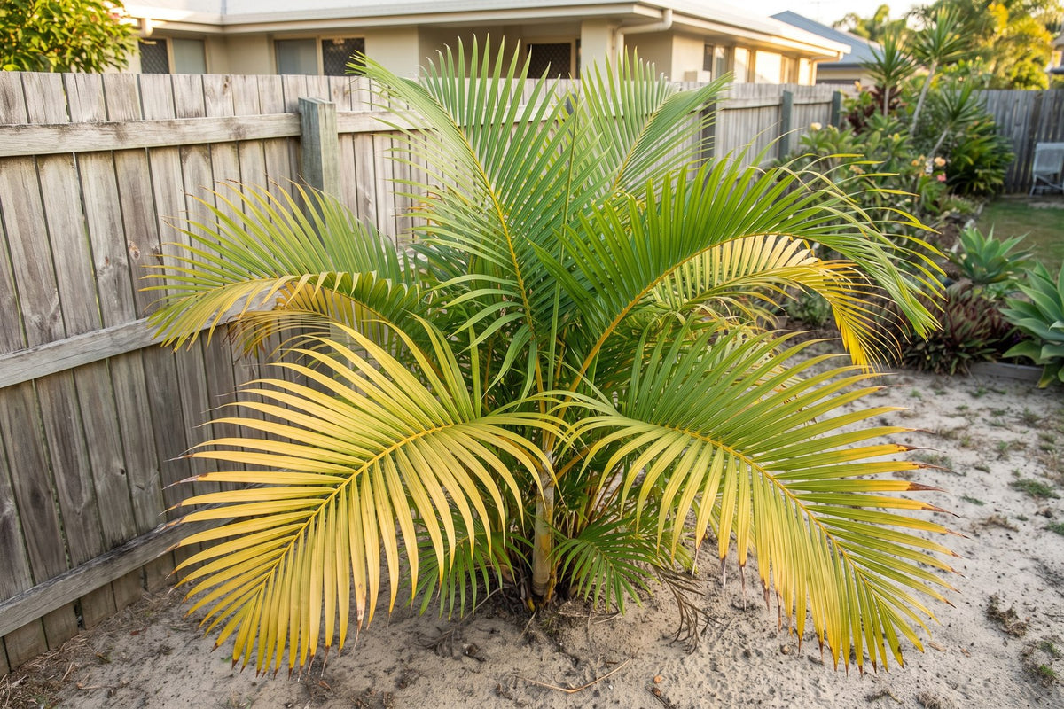 Golden cane palm with yellow older fronds and green new fronds, a sign of nutrient deficiency