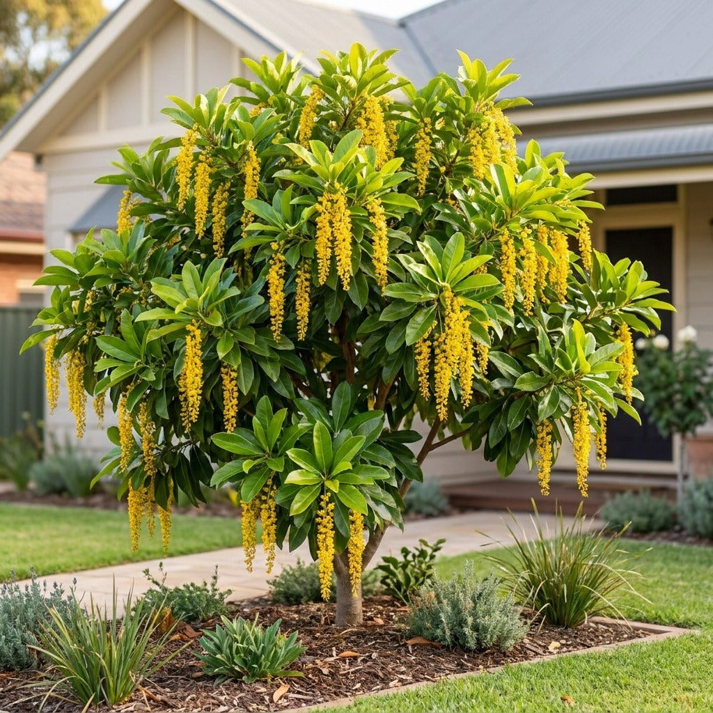 Golden Chain Tree (Lophanthera lactescens) growing in a mulched garden bed in front of an Australian home