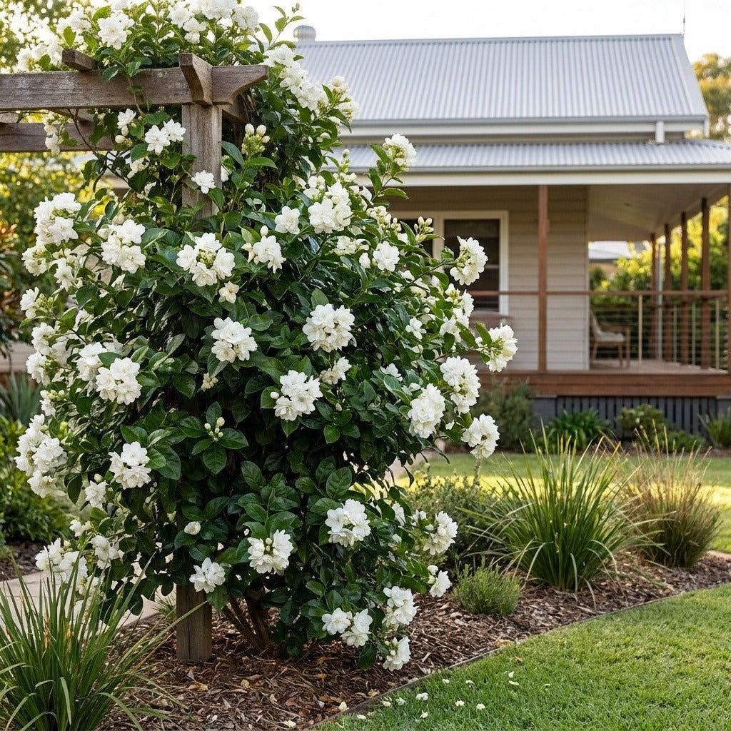 Grand Duke of Tuscany Arabian Jasmine (Jasminum sambac 'Grand Duke of Tuscany') growing in a mulched garden bed in front of an Australian home
