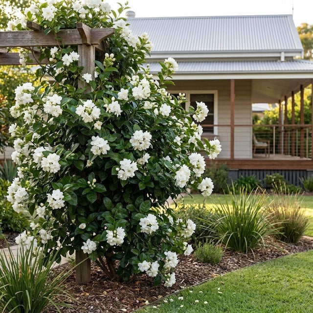 Grand Duke of Tuscany Arabian Jasmine (Jasminum sambac 'Grand Duke of Tuscany') growing in a mulched garden bed in front of an Australian home
