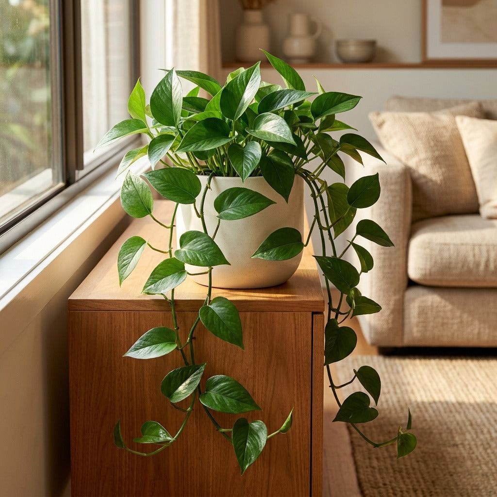 Green Dragon Pothos (Epipremnum aureum 'Green Dragon') in a neutral ceramic pot on a timber sideboard by a sunlit window
