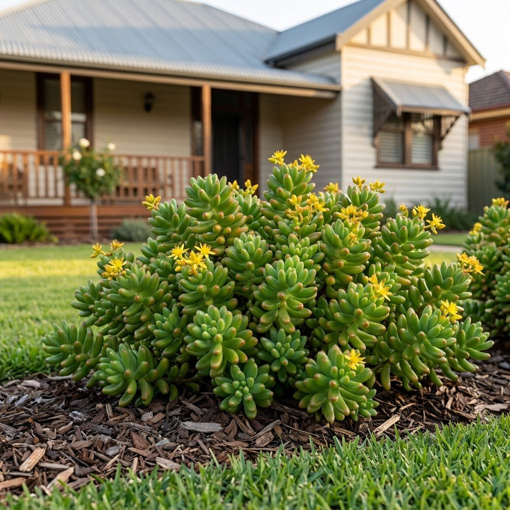 Green Jelly Beans (Sedum x rubrotinctum) growing in a mulched garden bed in front of an Australian home