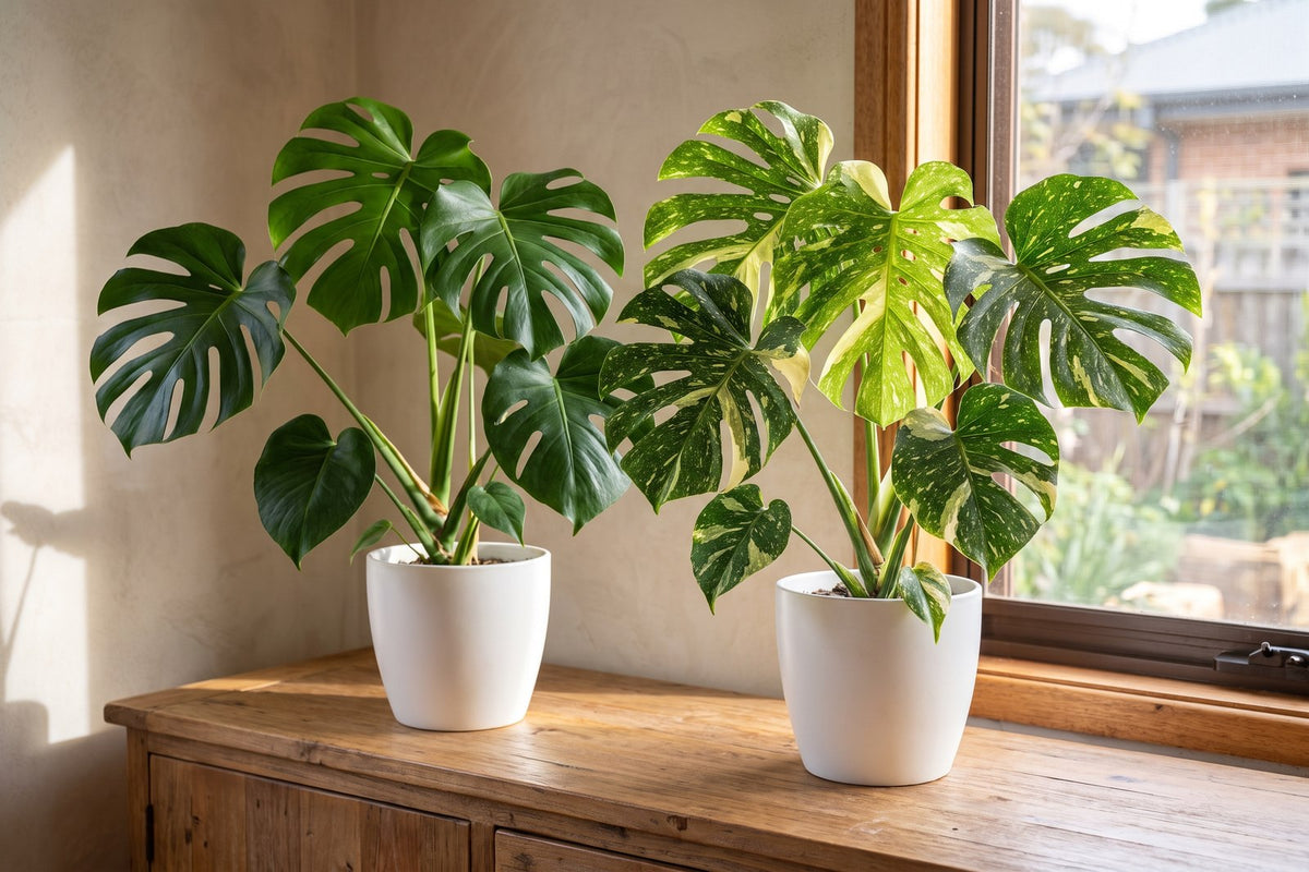 Green Monstera deliciosa beside a cream-speckled Thai Constellation monstera of the same size