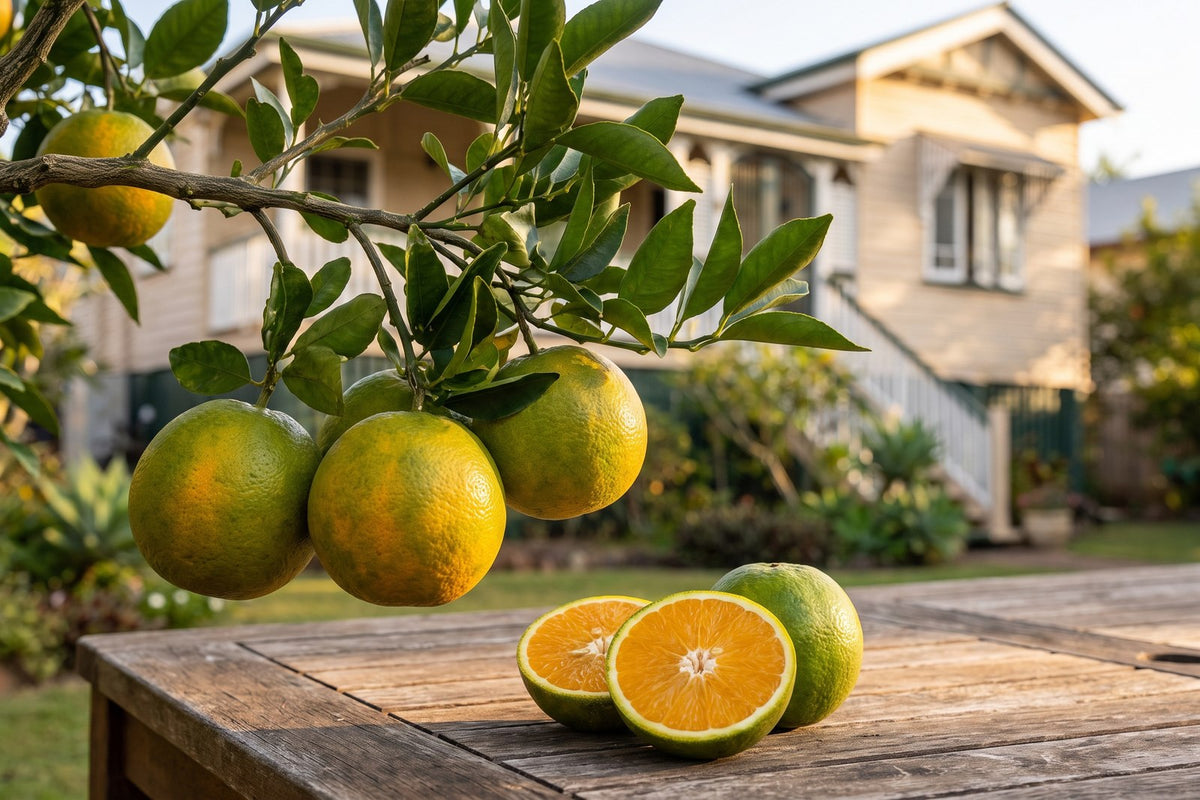 Green-skinned navel oranges on the tree, and one cut open showing ripe orange flesh