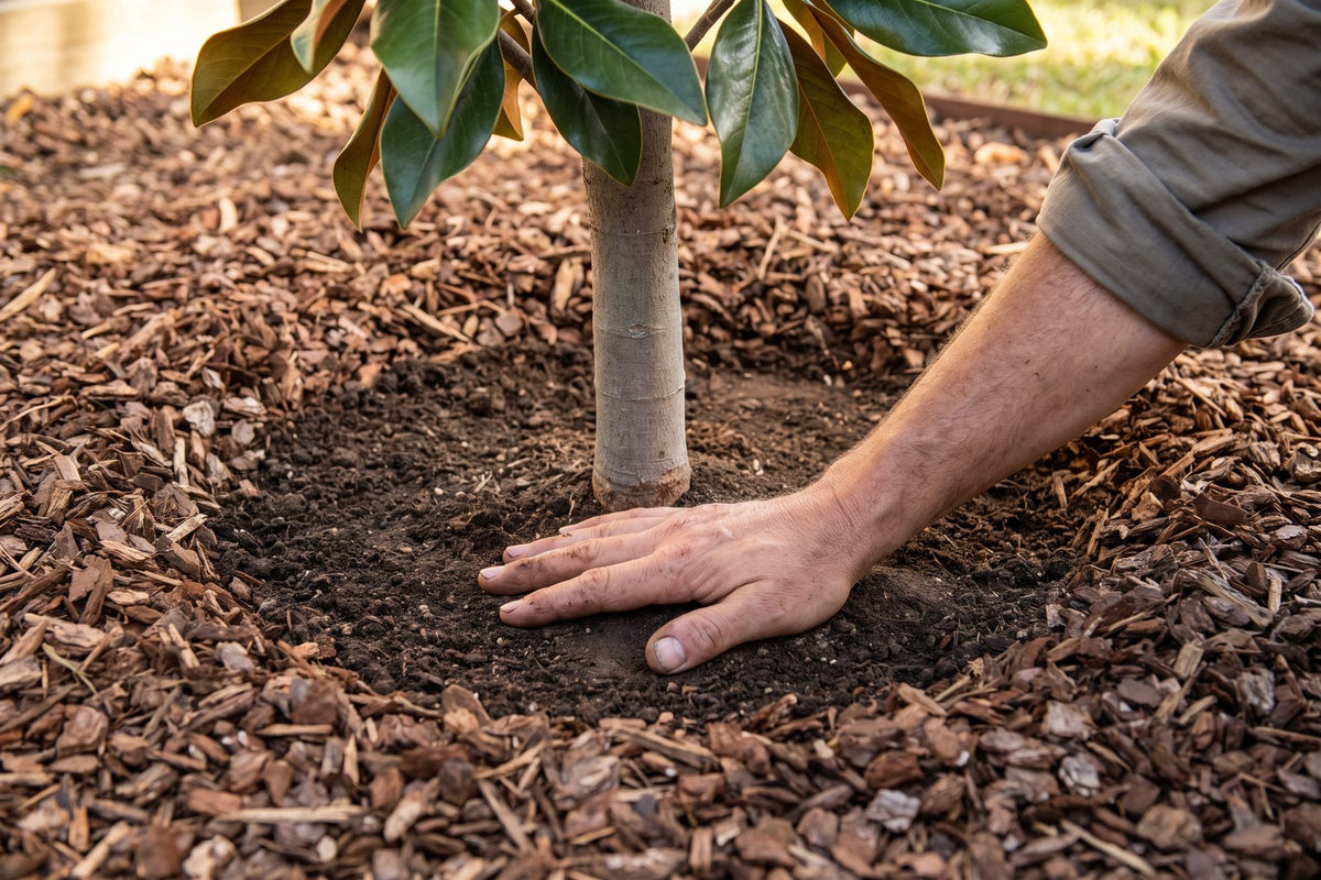 Hand showing a hand-width gap between bark mulch and a Teddy Bear magnolia trunk