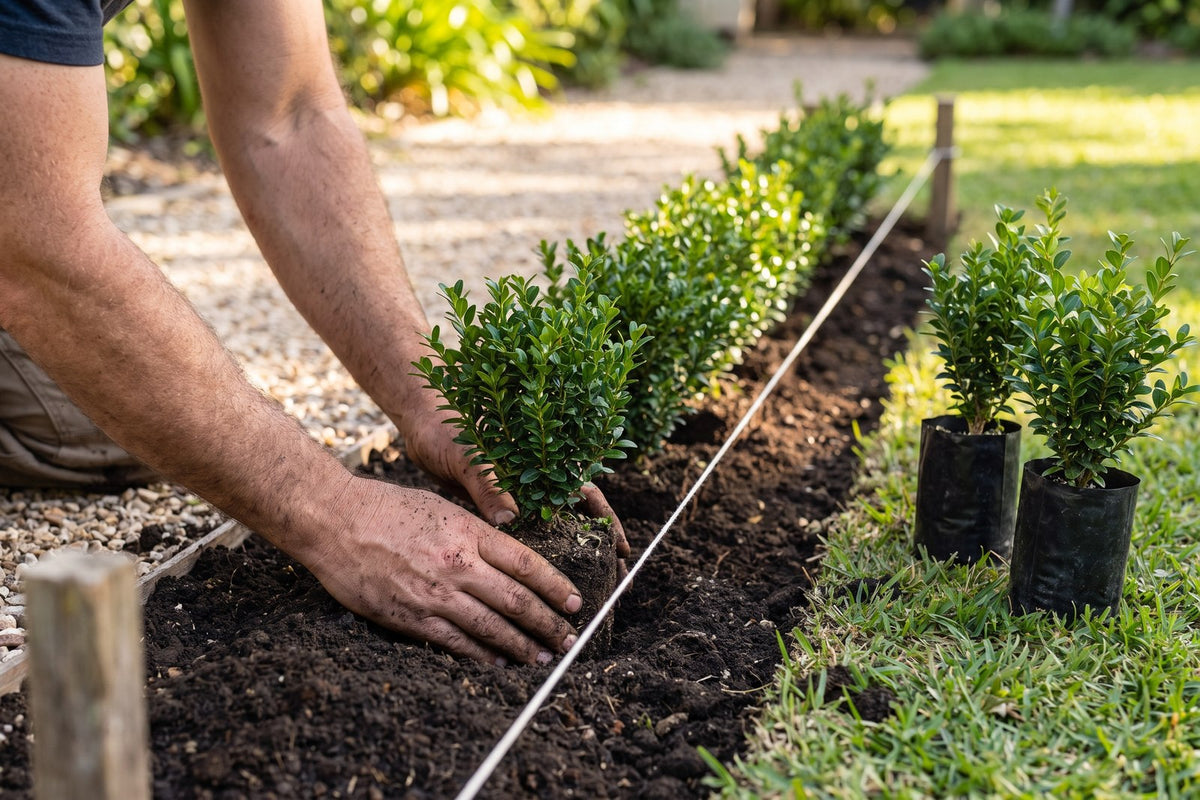 Hands planting small English box plants in a straight row along a string line over a trench