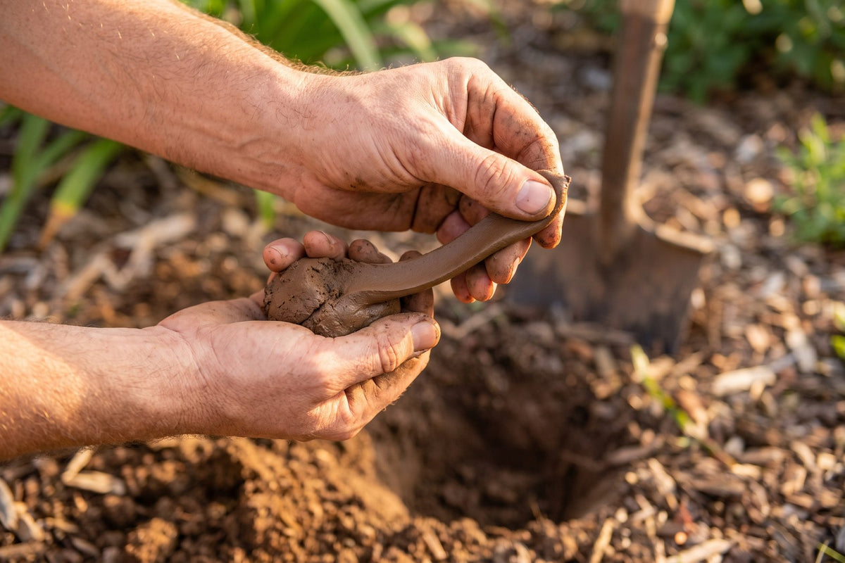 Hands pressing moist clay soil into a long ribbon for the soil ribbon test