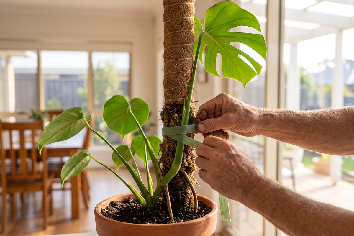 Hands tying a young monstera stem to a moss pole standing in its pot