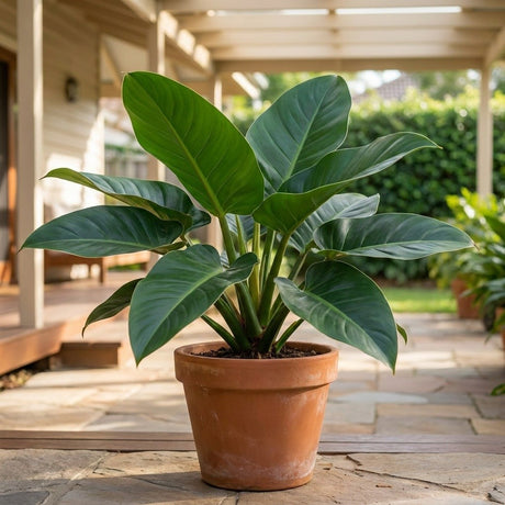 Philodendron Imperial Green with glossy deep green paddle leaves in a pot on a bright patio