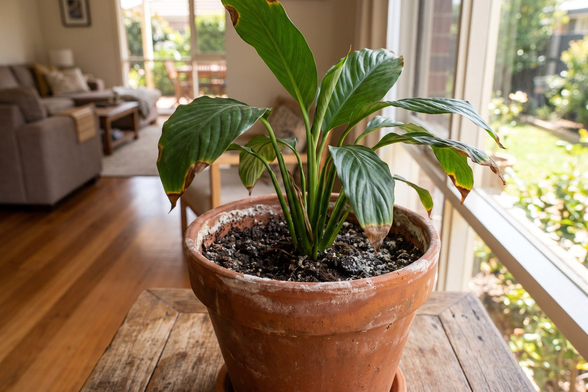 Indoor peace lily with brown leaf tips and white salt crust on its terracotta pot