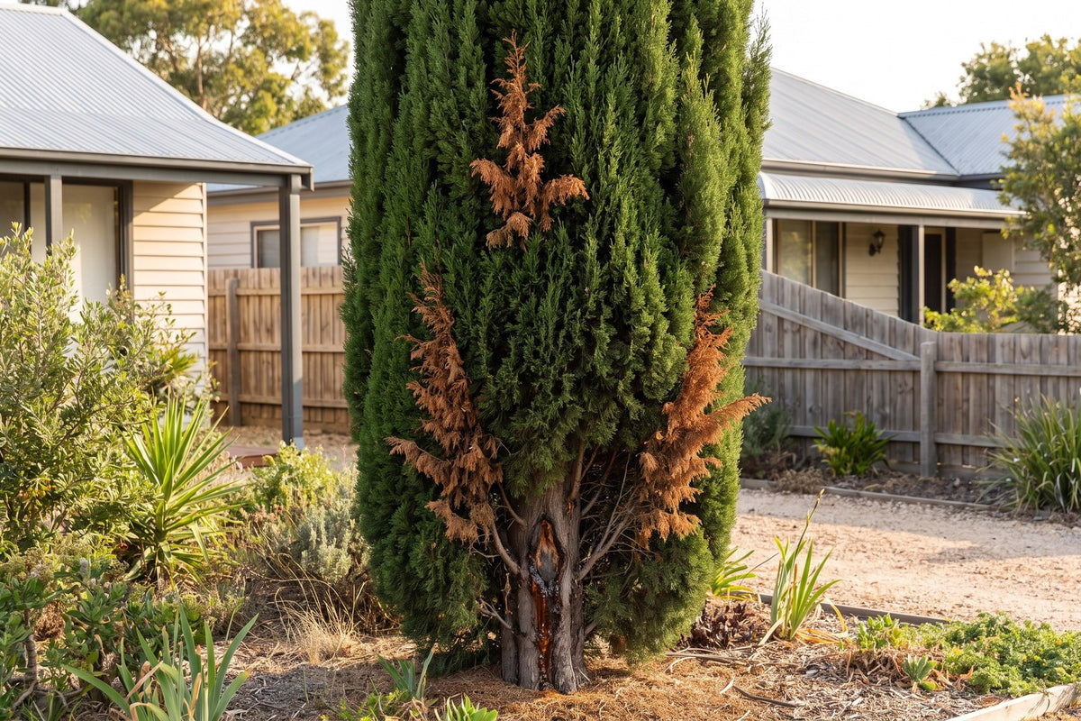 Italian cypress with scattered dead brown branches caused by cypress canker