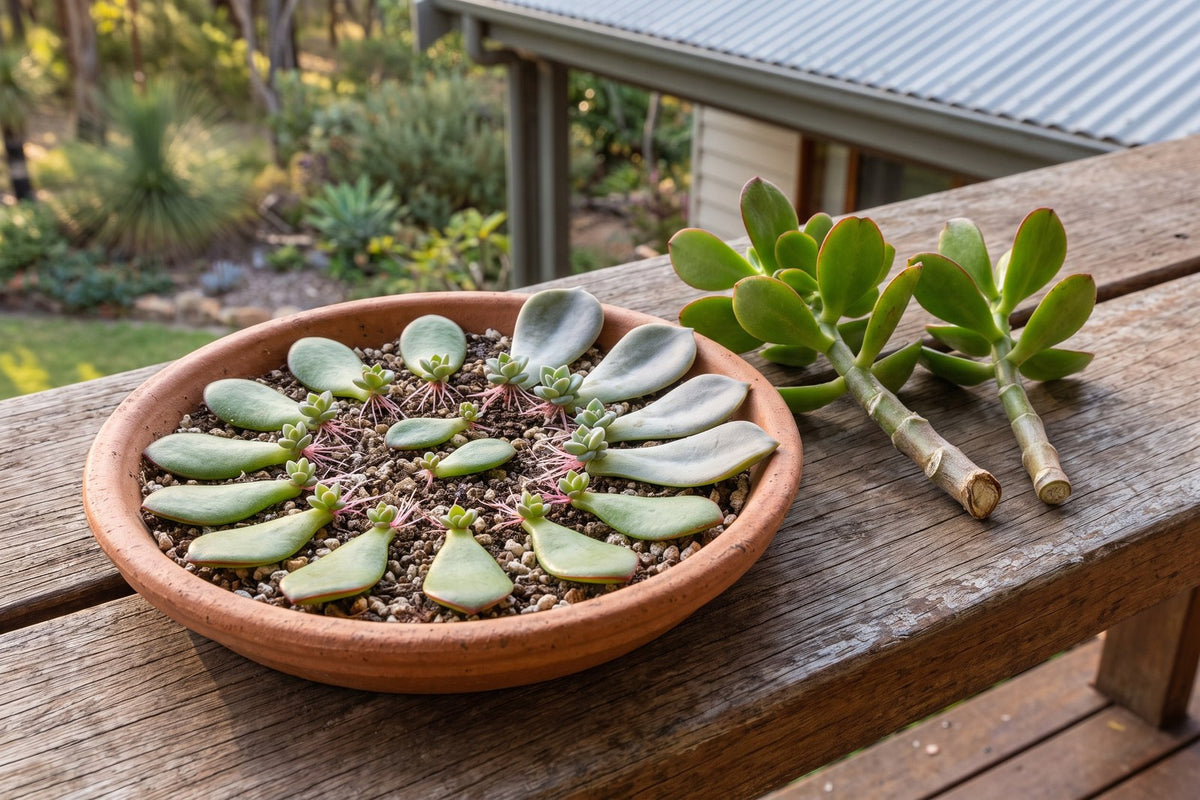 Jade and echeveria leaves sprouting tiny rosettes and roots on a tray of gritty mix, with jade stem cuttings
