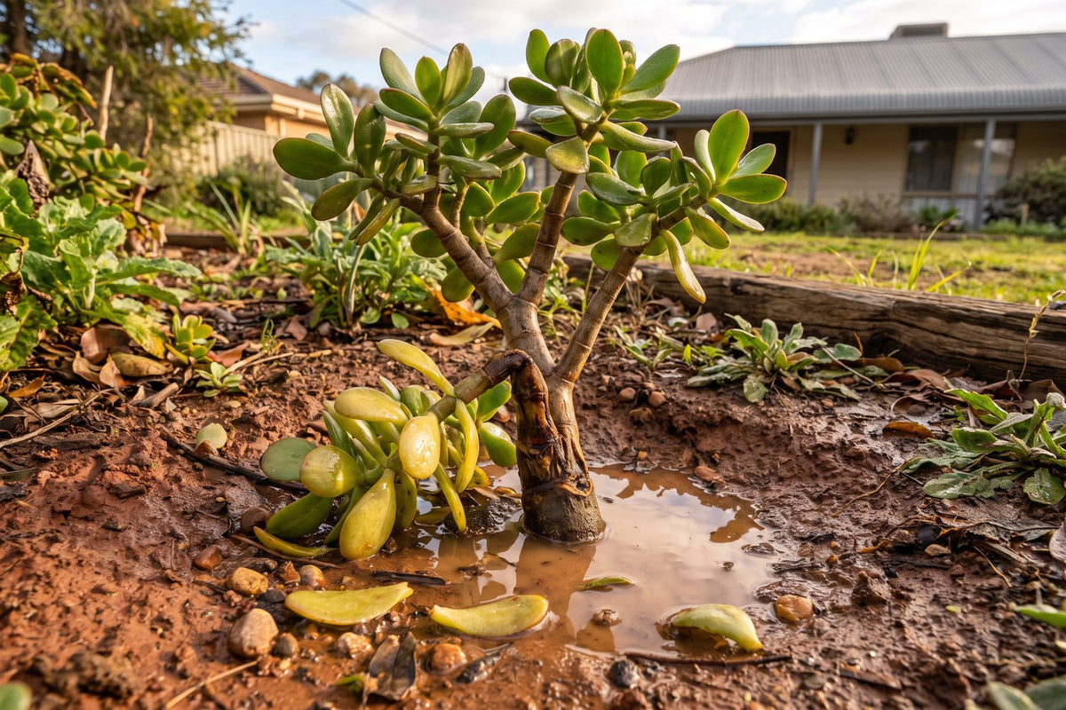 Jade plant rotting at the base in waterlogged clay, lower leaves yellow and translucent