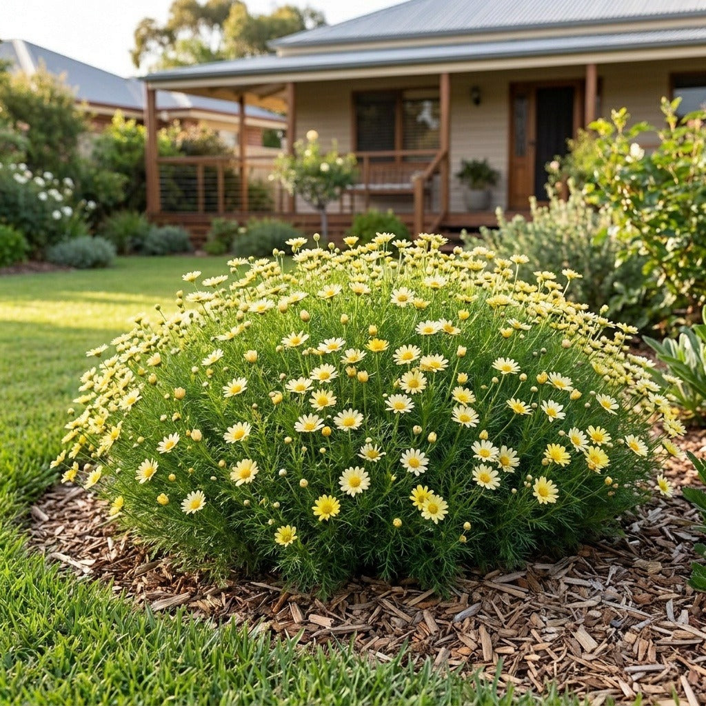 Jumbo Yellow Swan River Daisy (Brachyscome 'Jumbo Yellow') growing in a mulched garden bed in front of an Australian home
