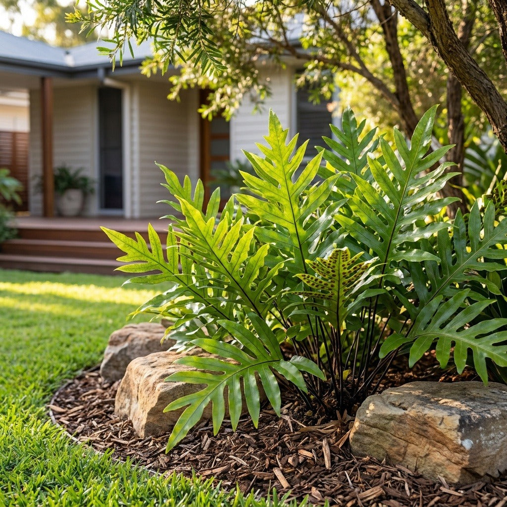 Kangaroo Fern (Microsorum pustulatum) growing in a mulched garden bed in front of an Australian home