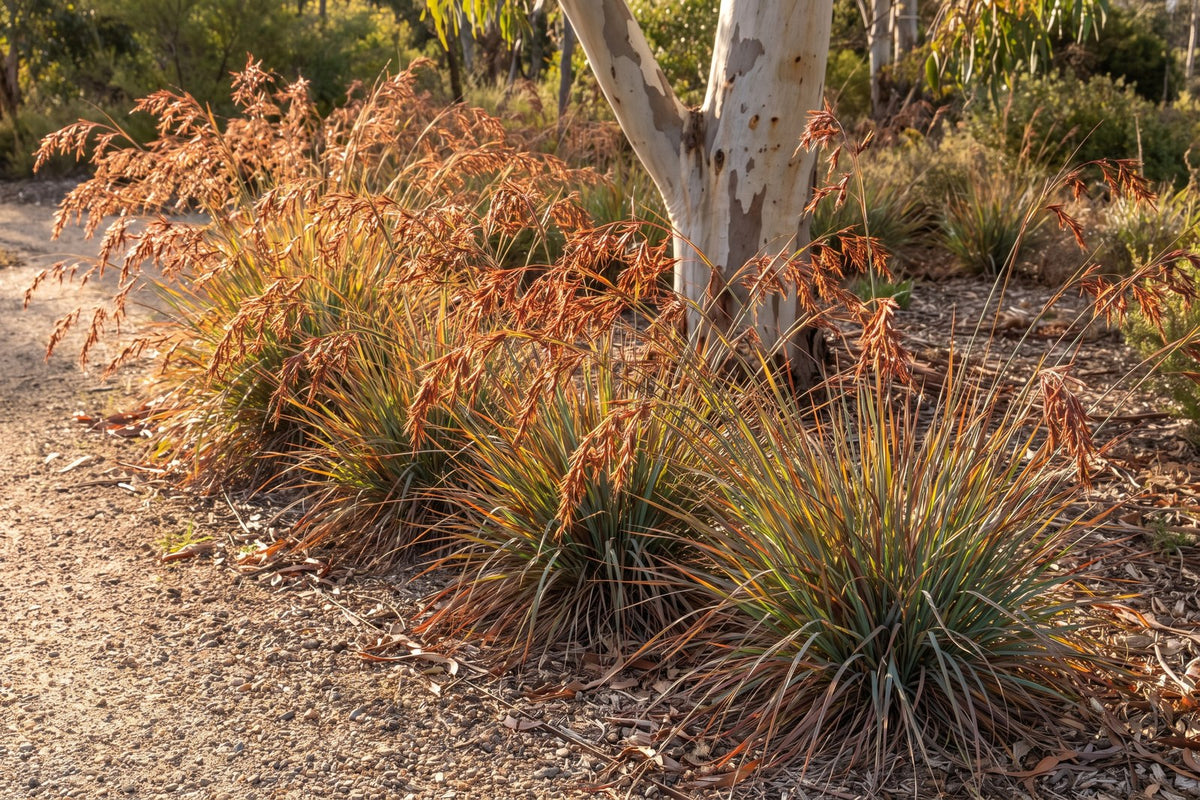 Kangaroo grass tussocks with rusty red seed heads in a sunny native garden bed