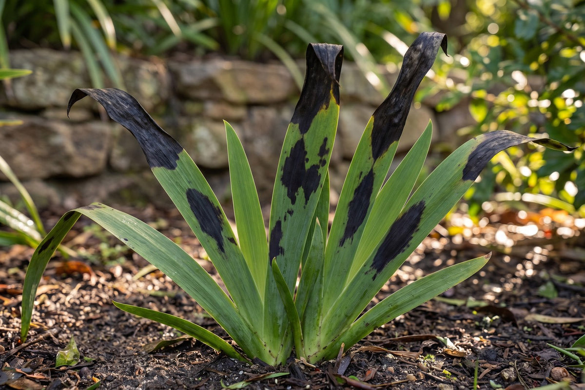Kangaroo paw leaves with large black ink spot blotches spreading down from the tips