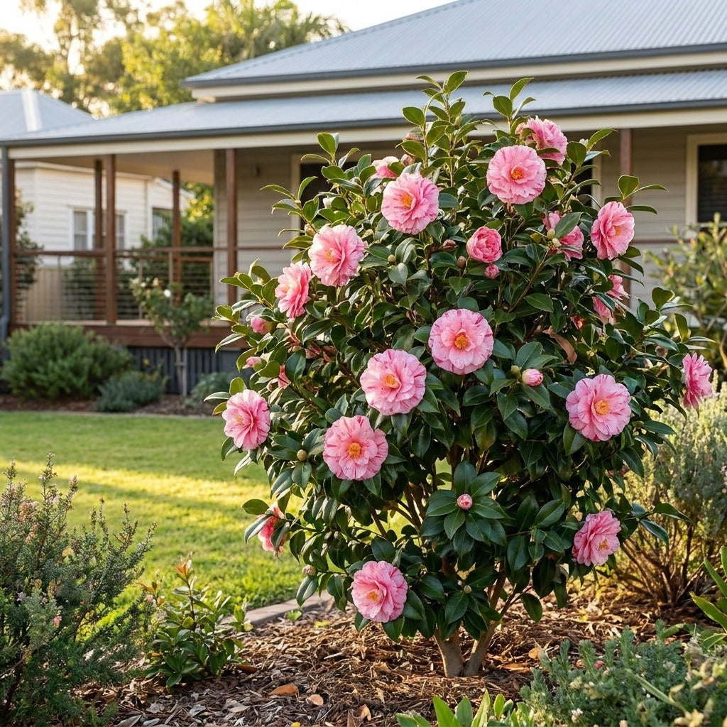Kick Off Camellia (Camellia japonica 'Kick Off') growing in a mulched garden bed in front of an Australian home