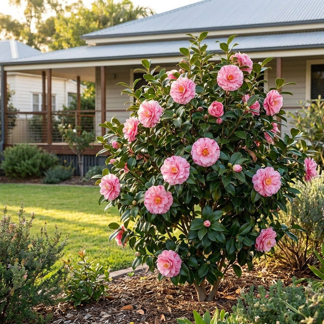 Kick Off Camellia (Camellia japonica 'Kick Off') growing in a mulched garden bed in front of an Australian home