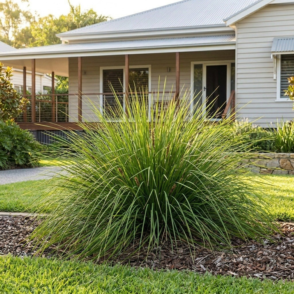 Lady Tanika Lomandra (Lomandra longifolia 'LM360') growing in a mulched garden bed in front of an Australian home