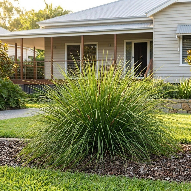 Lady Tanika Lomandra (Lomandra longifolia 'LM360') growing in a mulched garden bed in front of an Australian home
