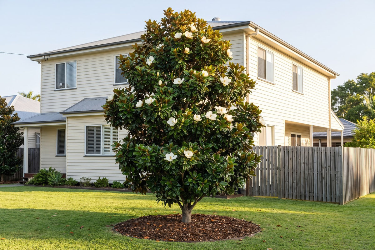 Large Coolwyn Gloss magnolia feature tree standing taller than the two-storey house beside it