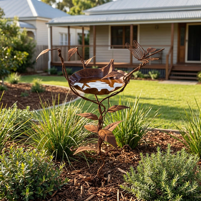 Large Dragonfly and Leaves Rusted Steel Bird Bath
