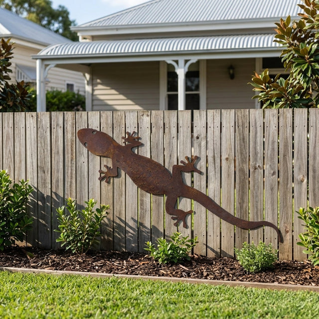 Large Spotted Gecko with Extended Tail Rusted Steel Wall Art