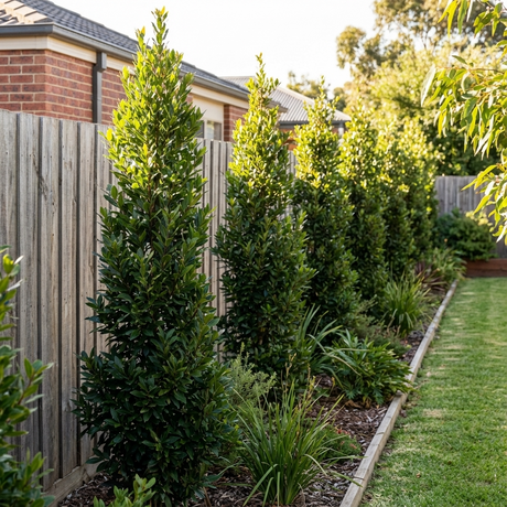 Bay Tree - Laurus nobilis ‘Miles Choice’ forms a tall, neatly pruned evergreen hedge along a wooden fence beside a sunny backyard garden bed.