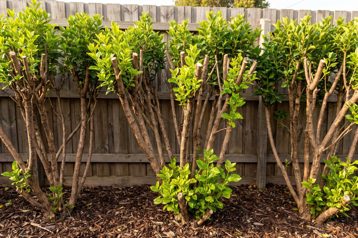 Leggy sweet viburnum hedge cut back by a third, with new shoots sprouting from the bare stems