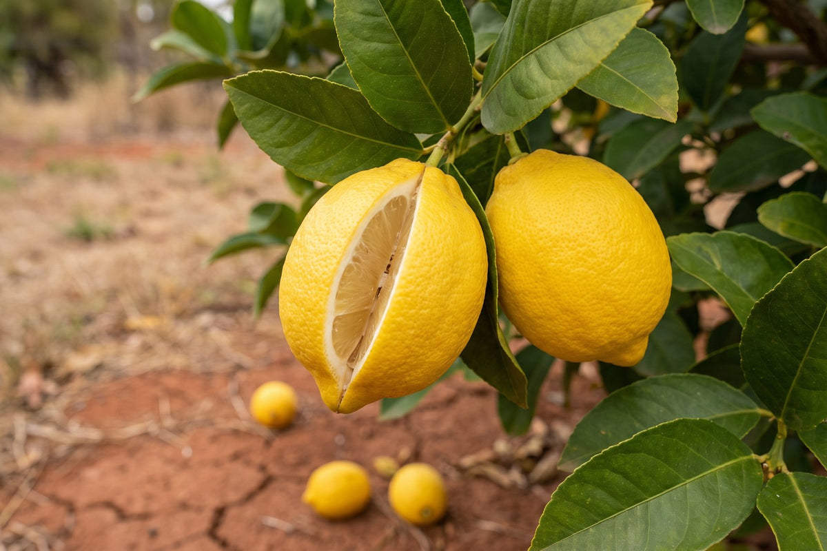 Lemon split open on the tree beside a sound fruit, a sign of irregular watering