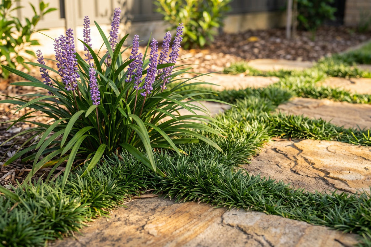 Liriope with purple flower spikes beside low dwarf mondo grass between pavers