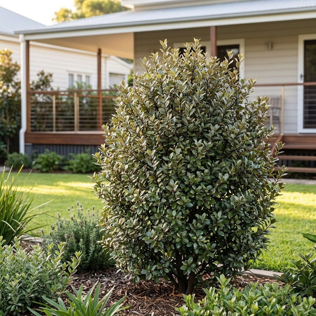 Little Squirt Pittosporum (Pittosporum tenuifolium 'Little Squirt') growing in a mulched garden bed in front of an Australian home