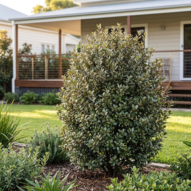 Little Squirt Pittosporum (Pittosporum tenuifolium 'Little Squirt') growing in a mulched garden bed in front of an Australian home