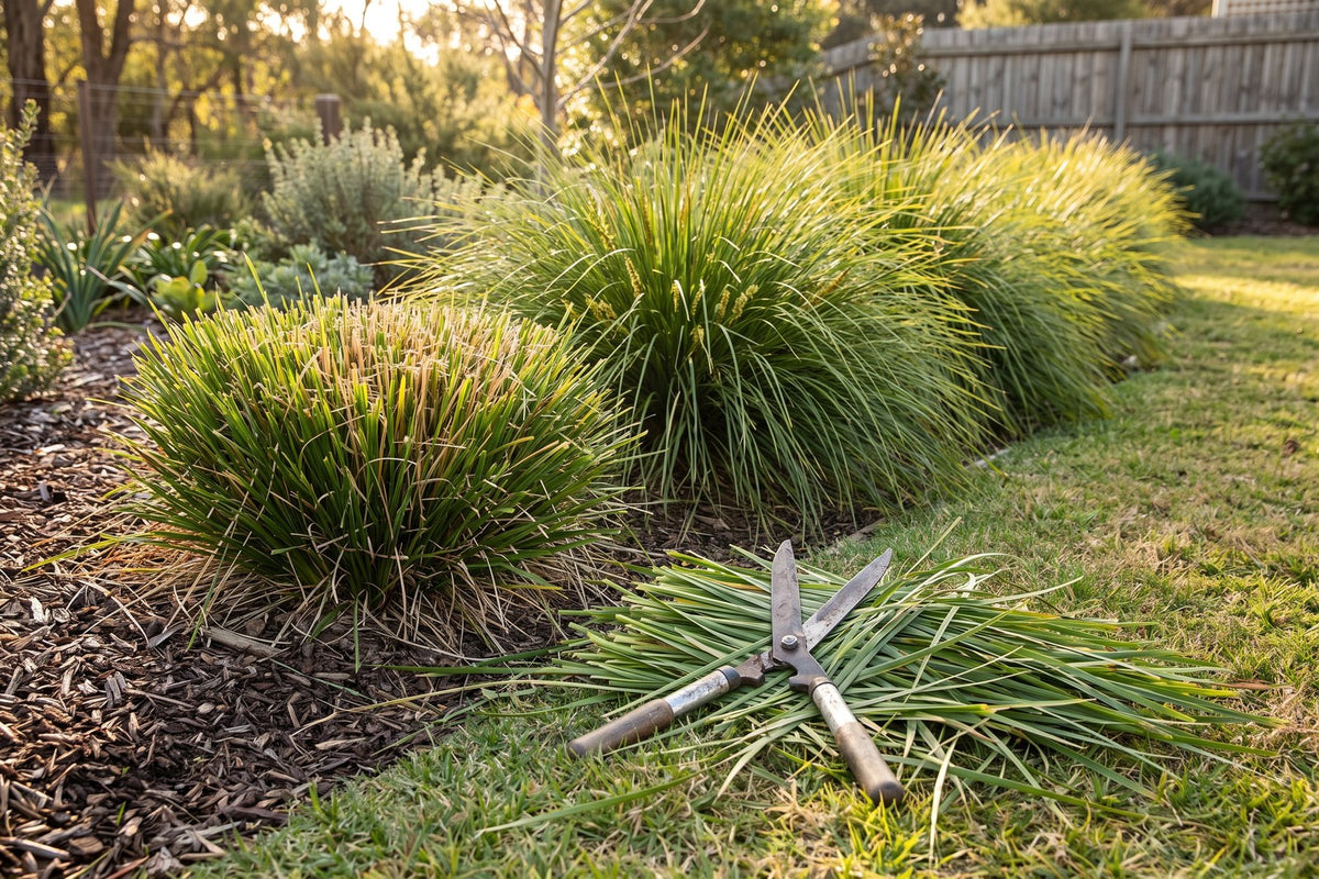 Lomandra clump cut back to a third of its height beside uncut clumps, with hedge shears