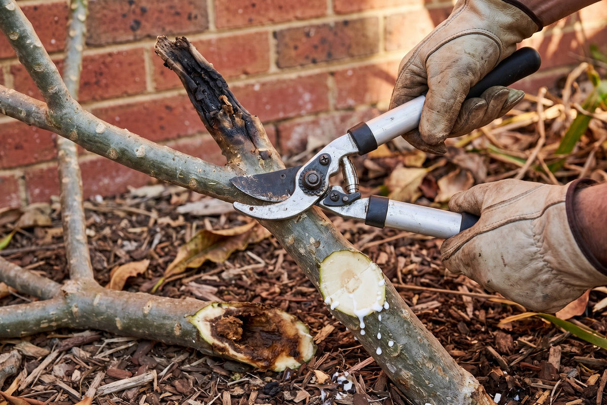 Loppers cutting a blackened, rotted frangipani branch back to firm white tissue