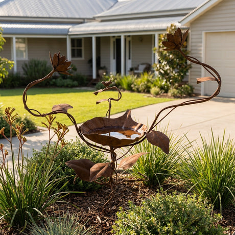Lotus Flowers and Wren Rusted Steel Bird Bath