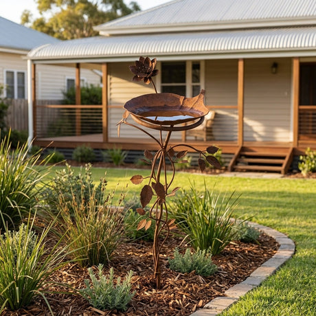 Lotus Rusted Steel Bird Bath Garden Stake