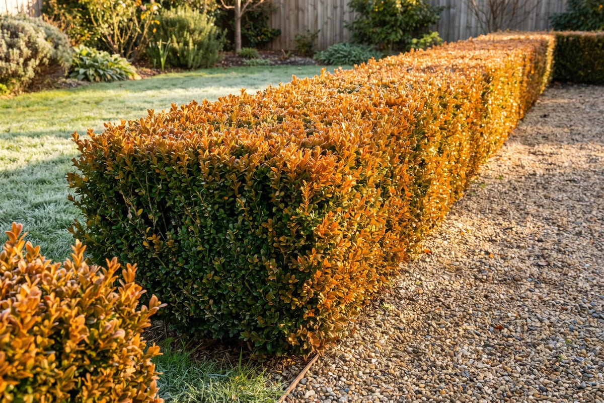 Low English box hedge with bronze-orange winter foliage beside a frosty lawn