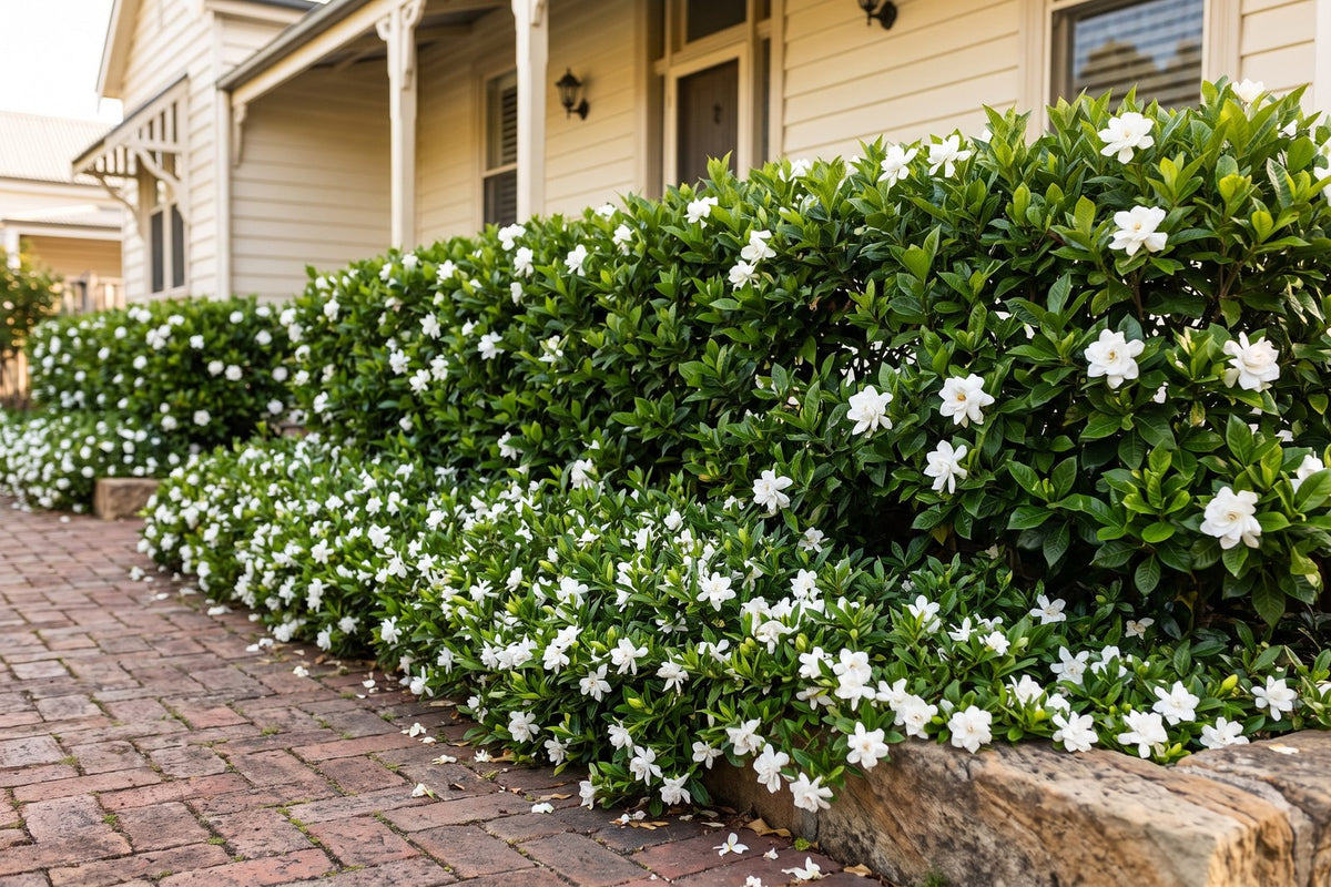 Low Florida gardenia hedge with groundcover Radicans gardenia edging the path in front of it