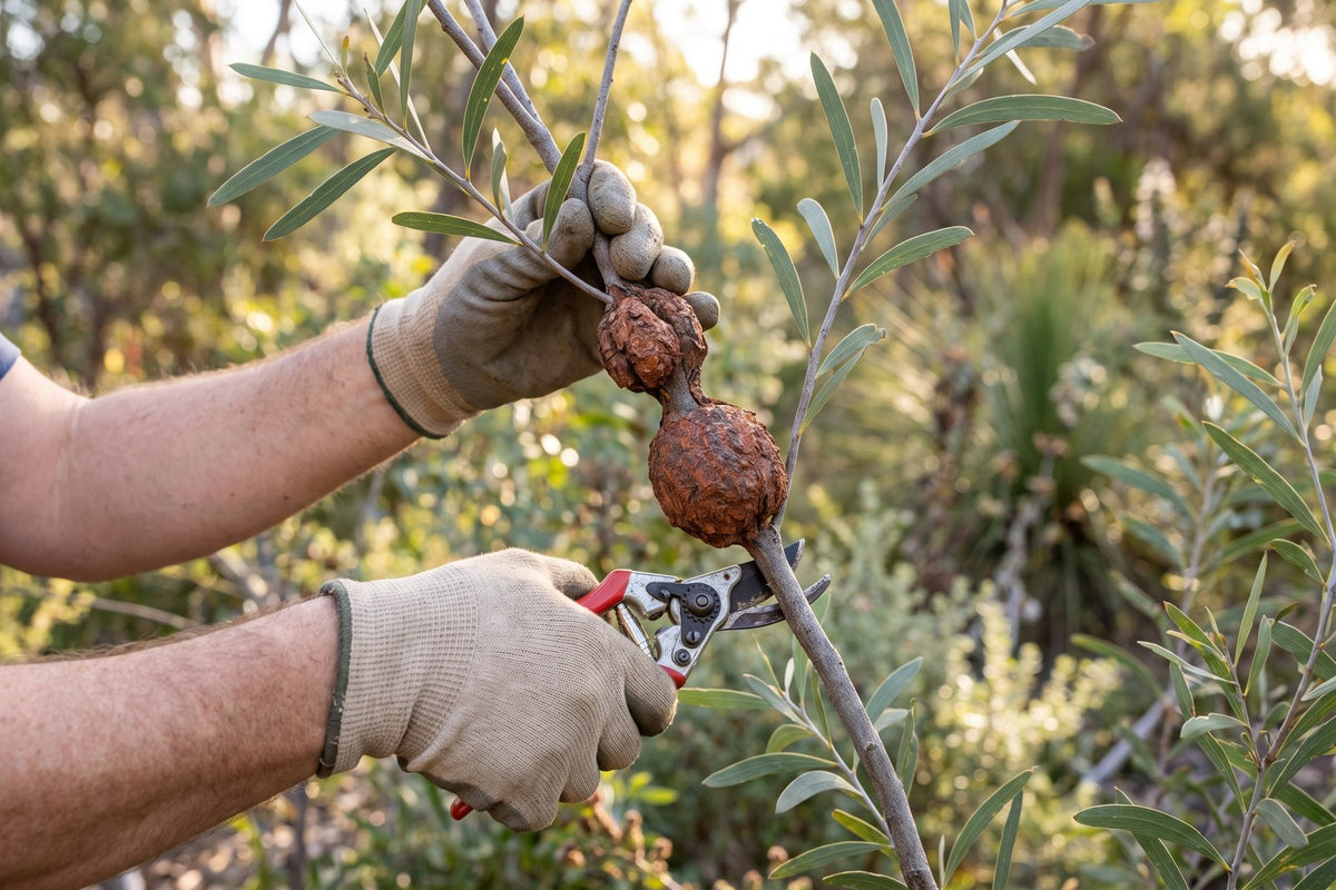 Lumpy red-brown woody galls on a wattle twig, with secateurs about to cut below them