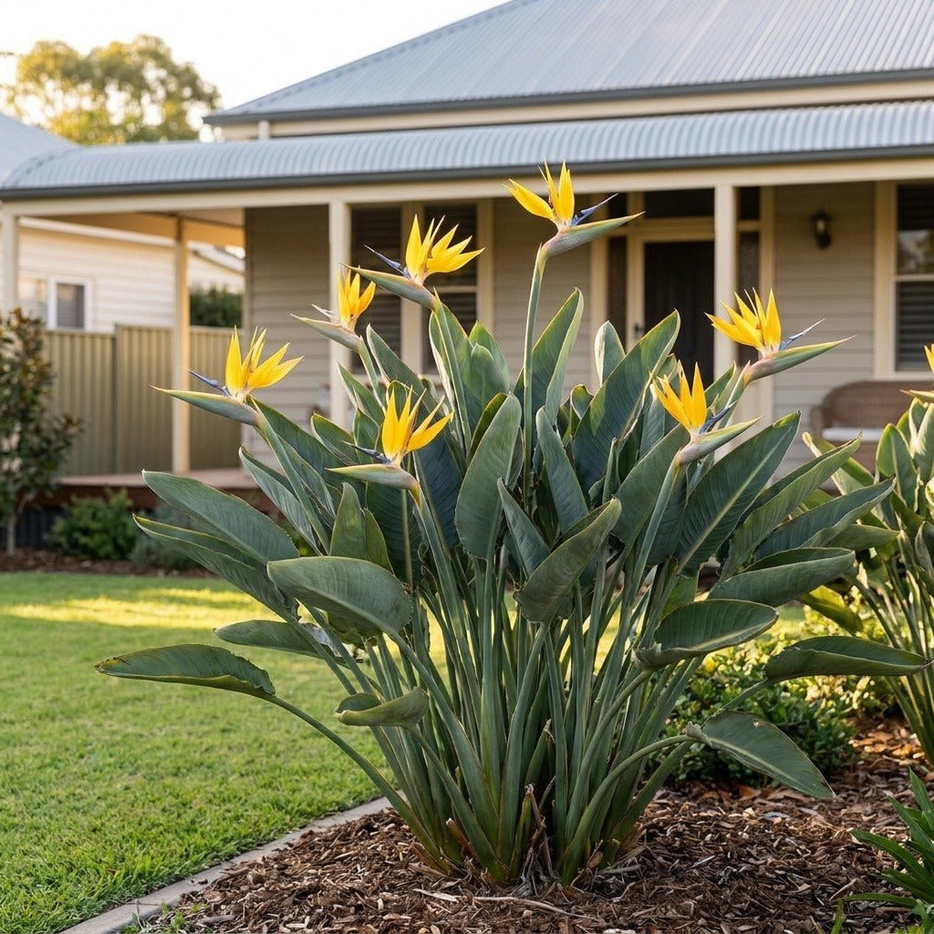 Mandela's Gold Bird of Paradise (Strelitzia reginae 'Mandela's Gold') growing in a mulched garden bed in front of an Australian home
