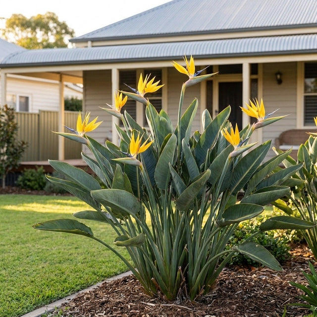 Mandela's Gold Bird of Paradise (Strelitzia reginae 'Mandela's Gold') growing in a mulched garden bed in front of an Australian home