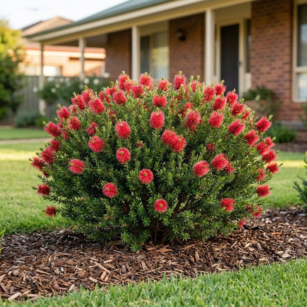 Mandy's Surprise Dwarf Scarlet Kunzea (Kunzea baxteri 'Mandy's Surprise') growing in a mulched garden bed in front of an Australian home