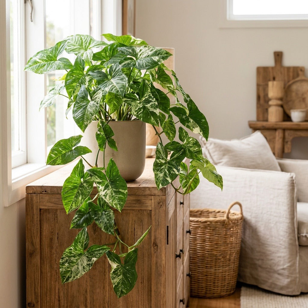 Marble Arrowhead Plant (Syngonium podophyllum 'Marble') in a neutral ceramic pot on a timber sideboard by a sunlit window