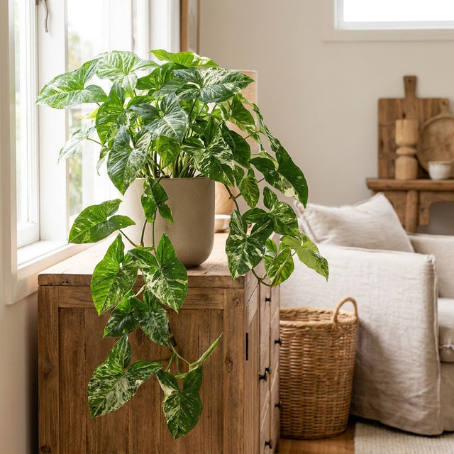 Marble Arrowhead Plant (Syngonium podophyllum 'Marble') in a neutral ceramic pot on a timber sideboard by a sunlit window