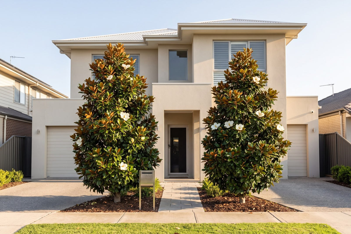 Matched pair of Teddy Bear magnolias framing the front path of a compact modern two-storey home