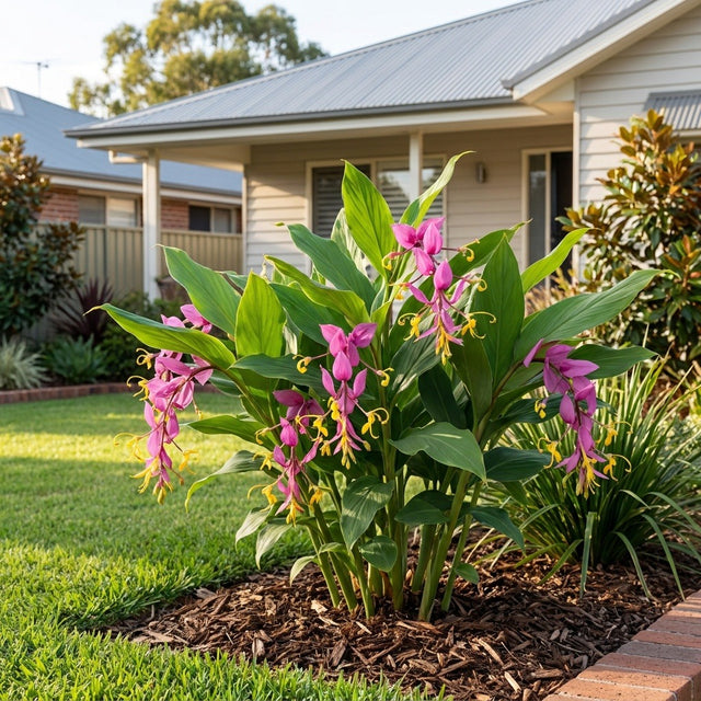 Mauve Dragon Ginger Orchid (Globba winitii 'Mauve Dragon') growing in a mulched garden bed in front of an Australian home