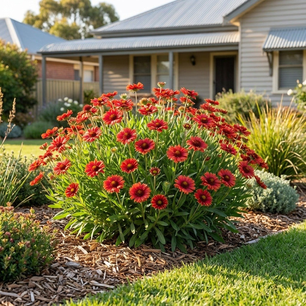 Mesa Red Blanket Flower (Gaillardia x grandiflora 'Mesa Red') growing in a mulched garden bed in front of an Australian home