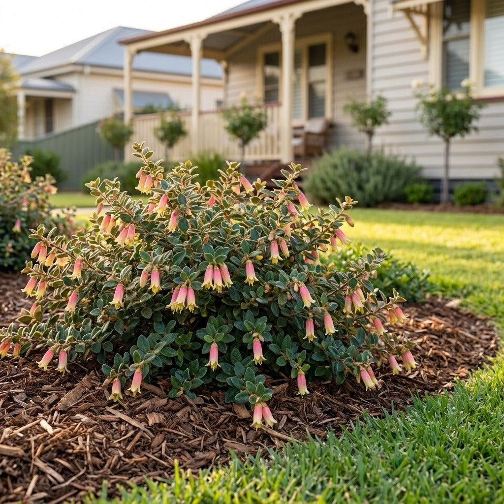 Mini Marian Correa (Correa reflexa 'Mini Marian') growing in a mulched garden bed in front of an Australian home